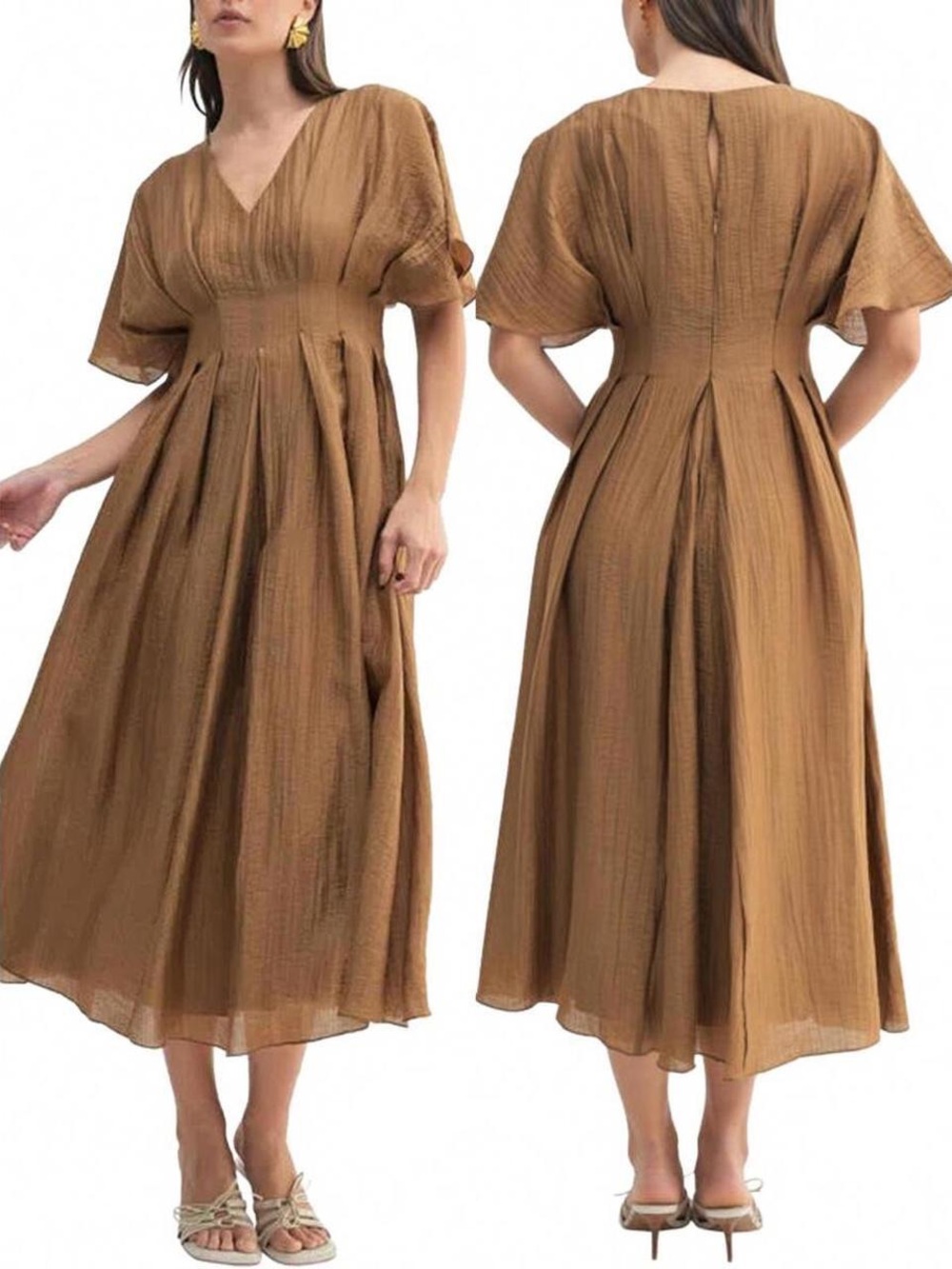 Mila Mae Dress Flutter Sleeve Flowy V-Neck Maxi Mocha Medium
